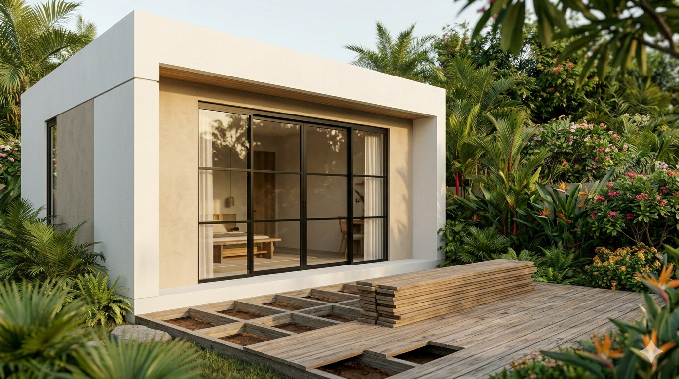 Stage 4: Exterior complete. Deck going in.